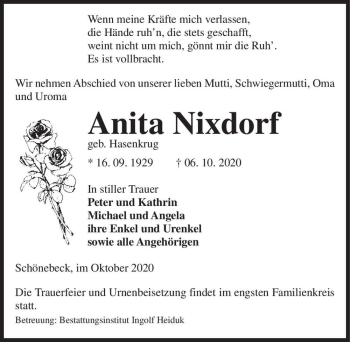 Traueranzeige von Anita Nixdorf (geb. Hasenkrug)  von Magdeburger Volksstimme