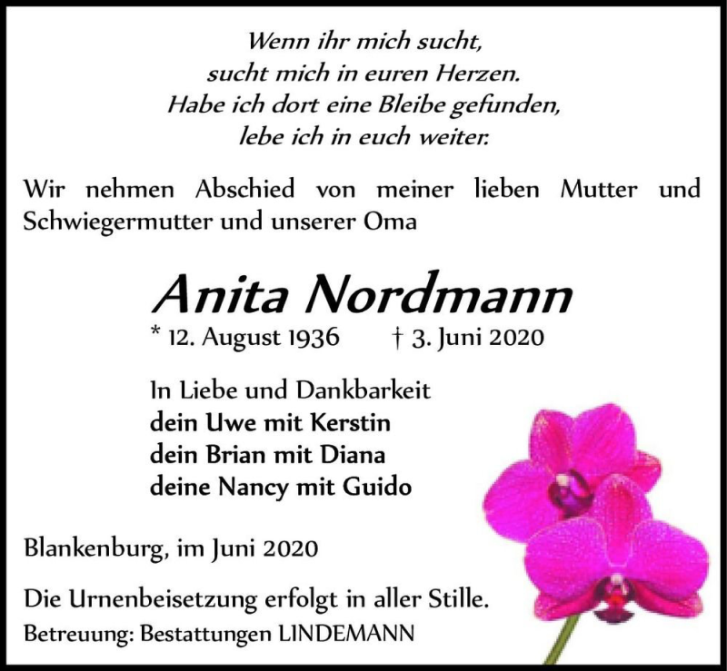  Traueranzeige für Anita Nordmann  vom 13.06.2020 aus Magdeburger Volksstimme