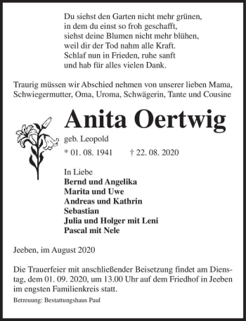 Traueranzeige von Anita Oertwig (geb. Leopold)  von Magdeburger Volksstimme