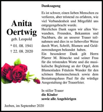Traueranzeige von Anita Oertwig (geb. Leopold)  von Magdeburger Volksstimme
