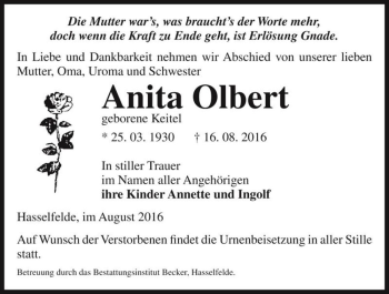 Traueranzeige von Anita Olbert (geb. Keitel)  von Magdeburger Volksstimme