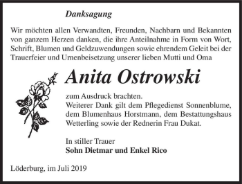 Traueranzeige von Anita Ostrowski  von Magdeburger Volksstimme