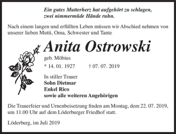 Traueranzeige von Anita Ostrowski (geb. Möbius)  von Magdeburger Volksstimme