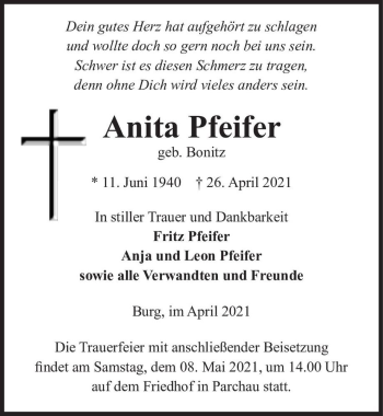 Traueranzeige von Anita Pfeifer (geb. Bonitz)  von Magdeburger Volksstimme