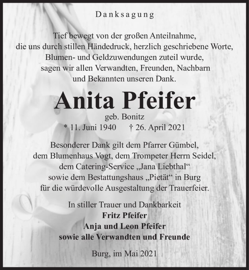  Traueranzeige für Anita Pfeiffer (geb. Bonitz)  vom 15.05.2021 aus Magdeburger Volksstimme