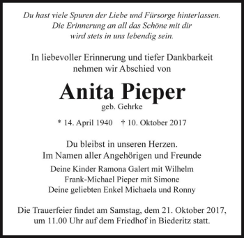 Traueranzeige von Anita Pieper (geb. Gehrke)  von Magdeburger Volksstimme