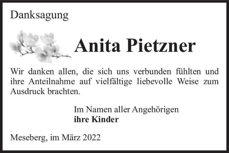  Traueranzeige für Anita Pietzner  vom 22.04.2022 aus Magdeburger Volksstimme