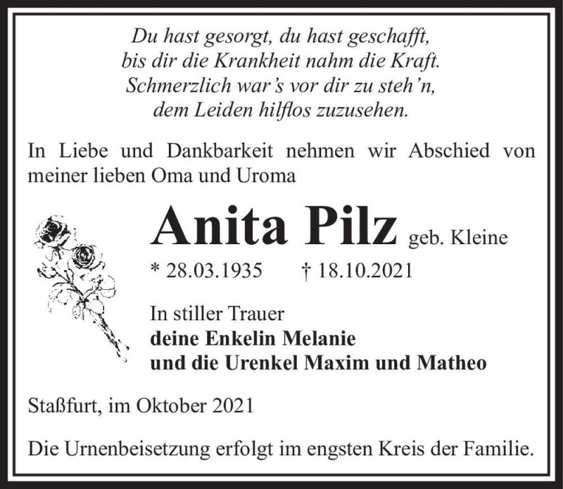  Traueranzeige für Anita Pilz (geb. Kleine)  vom 30.10.2021 aus Magdeburger Volksstimme