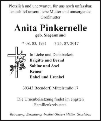 Traueranzeige von Anita Pinkernelle (geb. Siegesmund)  von Magdeburger Volksstimme