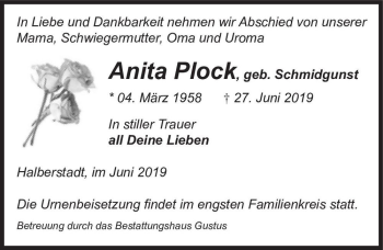 Traueranzeige von Anita Plock (geb. Schmidgunst)  von Magdeburger Volksstimme