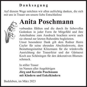 Traueranzeige von Anita Poschmann  von Magdeburger Volksstimme