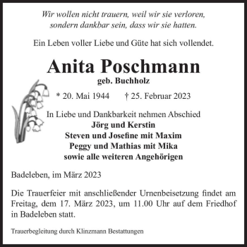 Traueranzeige von Anita Poschmann (geb. Buchholz)  von Magdeburger Volksstimme