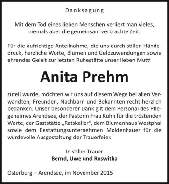 Traueranzeige von Anita Prehm  von Magdeburger Volksstimme