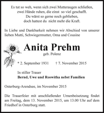 Traueranzeige von Anita Prehm (geb. Polenz)  von Magdeburger Volksstimme