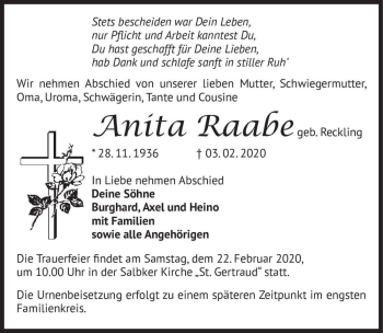 Traueranzeige von Anita Raabe (geb. Reckling)  von Magdeburger Volksstimme