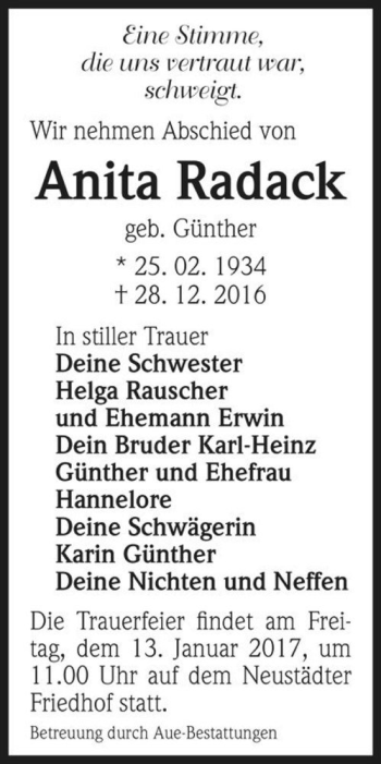 Traueranzeige von Anita Radack (geb. Günther)  von Magdeburger Volksstimme