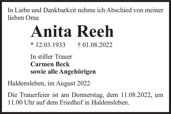 Traueranzeige von Anita Reeh  von Magdeburger Volksstimme