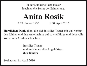 Traueranzeige von Anita Rosik  von Magdeburger Volksstimme