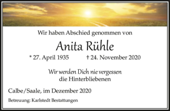 Traueranzeige von Anita Rühle  von Magdeburger Volksstimme