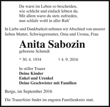 Traueranzeige von Anita Sabozin (geb. Schmidt)  von Magdeburger Volksstimme
