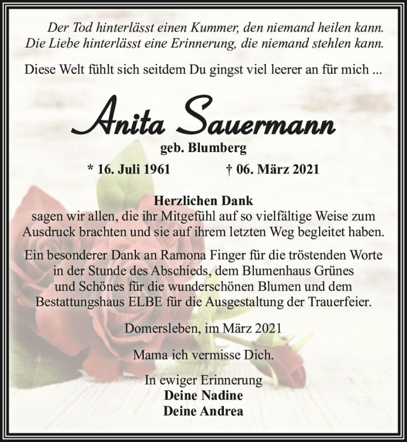  Traueranzeige für Anita Sauermann (geb. Blumberg)  vom 20.03.2021 aus Magdeburger Volksstimme