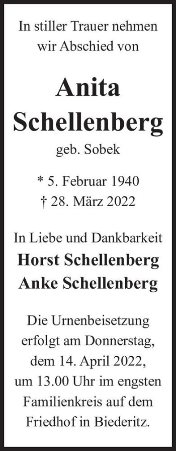 Traueranzeige von Anita Schellenberg (geb. Sobek)  von Magdeburger Volksstimme