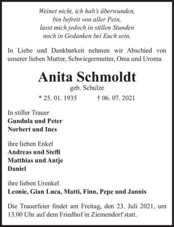 Traueranzeige von Anita Schmoldt (geb. Schulze)  von Magdeburger Volksstimme
