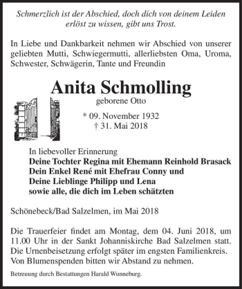 Traueranzeige von Anita Schmolling (geb. Otto)  von Magdeburger Volksstimme