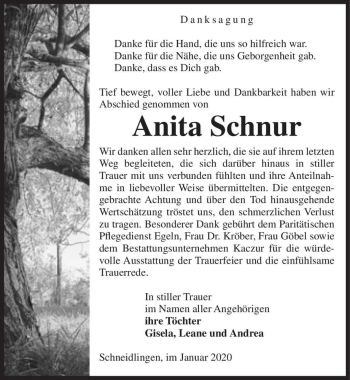 Traueranzeige von Anita Schnur  von Magdeburger Volksstimme