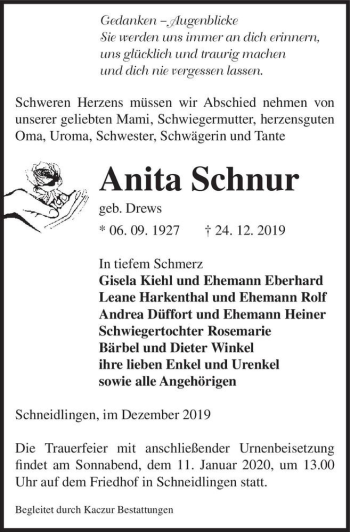 Traueranzeige von Anita Schnur (geb. Drews)  von Magdeburger Volksstimme
