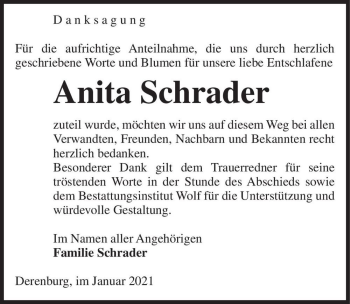 Traueranzeige von Anita Schrader  von Magdeburger Volksstimme