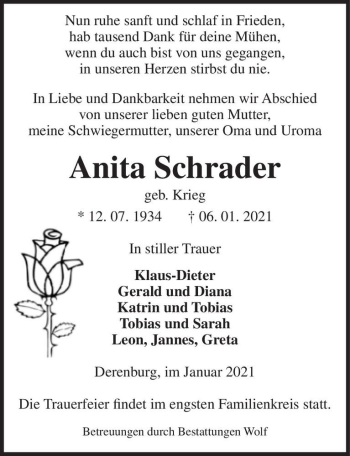 Traueranzeige von Anita Schrader (geb. Krieg)  von Magdeburger Volksstimme