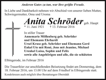 Traueranzeige von Anita Schröder (geb. Haupt)  von Magdeburger Volksstimme