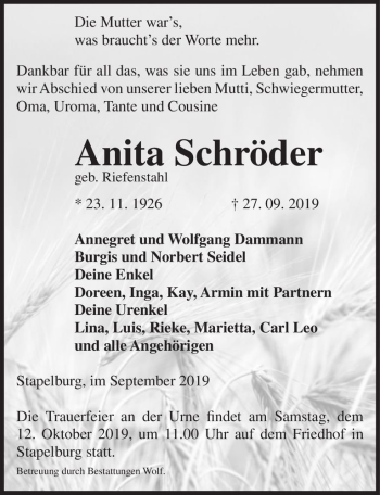 Traueranzeige von Anita Schröder (geb. Riefenstahl)  von Magdeburger Volksstimme