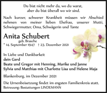 Traueranzeige von Anita Schubert (geb. Brasche)  von Magdeburger Volksstimme