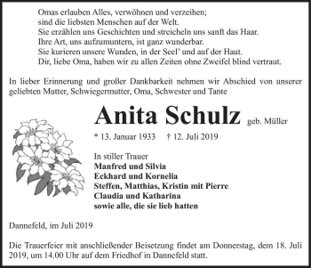Traueranzeige von Anita Schulz (geb. Müller)  von Magdeburger Volksstimme