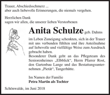Traueranzeige von Anita Schulze (geb. Dahms)  von Magdeburger Volksstimme