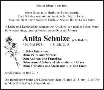 Traueranzeige von Anita Schulze (geb. Dahms)  von Magdeburger Volksstimme