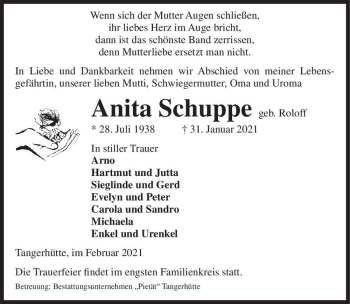 Traueranzeige von Anita Schuppe (geb. Roloff)  von Magdeburger Volksstimme