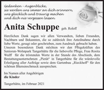 Traueranzeige von Anita Schuppe (geb. Roloff)  von Magdeburger Volksstimme
