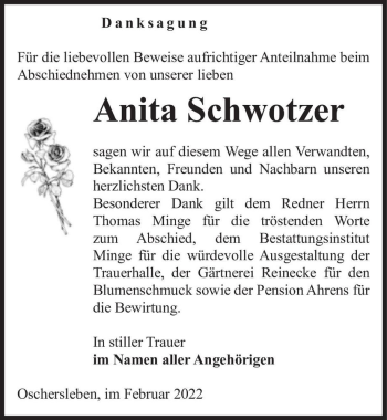 Traueranzeige von Anita Schwotzer  von Magdeburger Volksstimme