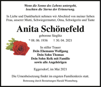 Traueranzeige von Anita Schönefeld (geb. Sieglitz)  von Magdeburger Volksstimme