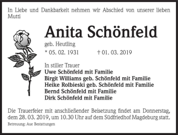 Traueranzeige von Anita Schönfeld (geb. Heutling)  von Magdeburger Volksstimme