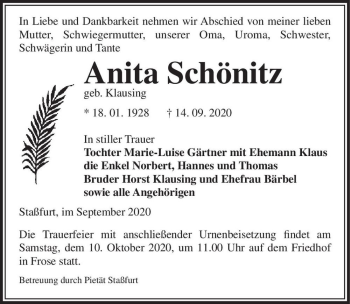 Traueranzeige von Anita Schönitz (geb. Klausing)  von Magdeburger Volksstimme