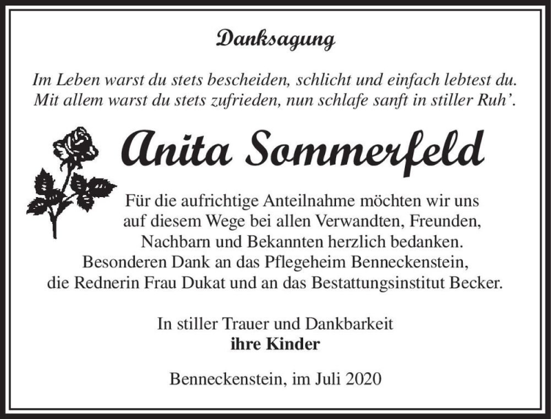  Traueranzeige für Anita Sommerfeld  vom 18.07.2020 aus Magdeburger Volksstimme