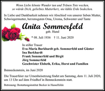 Traueranzeige von Anita Sommerfeld (geb. Hund)  von Magdeburger Volksstimme