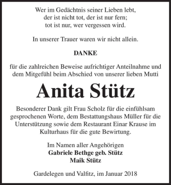 Traueranzeige von Anita Stütz  von Magdeburger Volksstimme