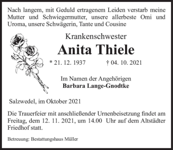 Traueranzeige von Anita Thiele  von Magdeburger Volksstimme