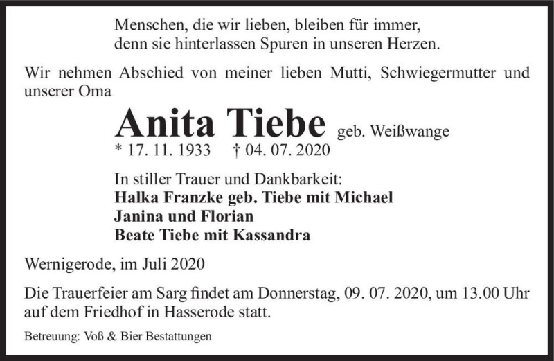  Traueranzeige für Anita Tiebe (geb. Weißwange)  vom 07.07.2020 aus Magdeburger Volksstimme