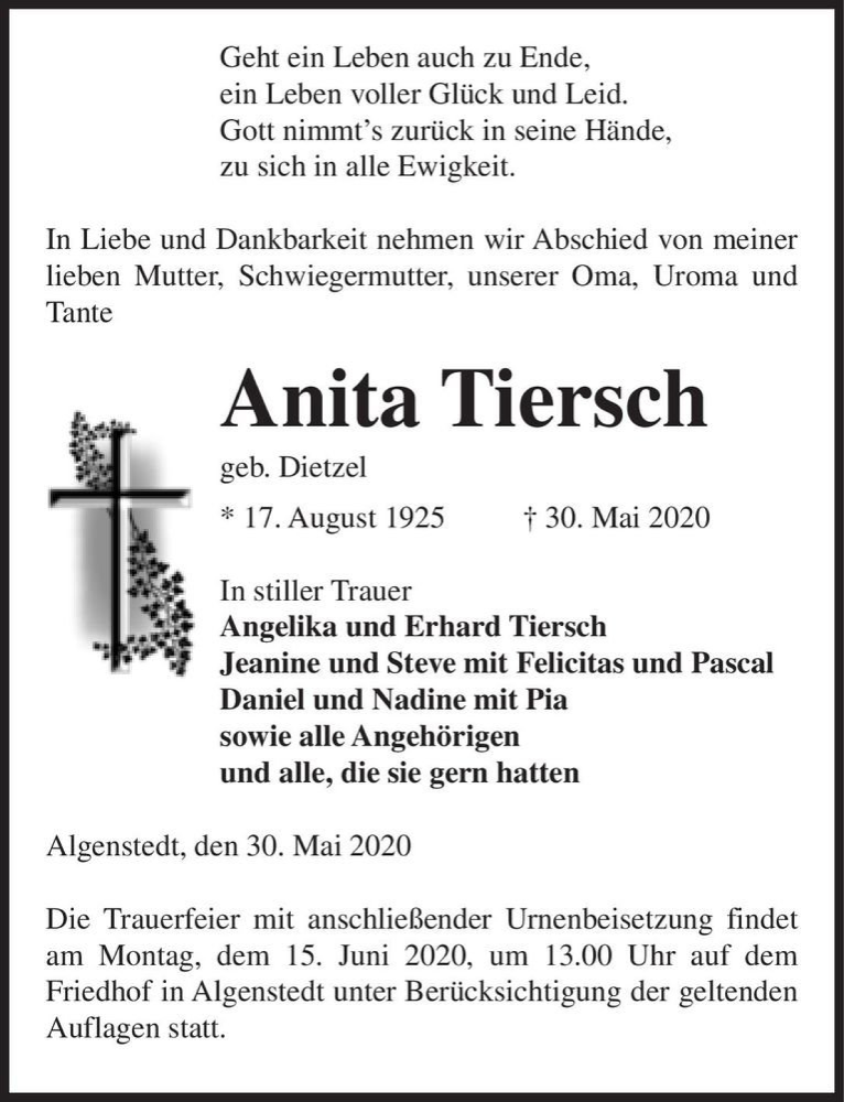  Traueranzeige für Anita Tiersch (geb. Dietzel)  vom 03.06.2020 aus Magdeburger Volksstimme
